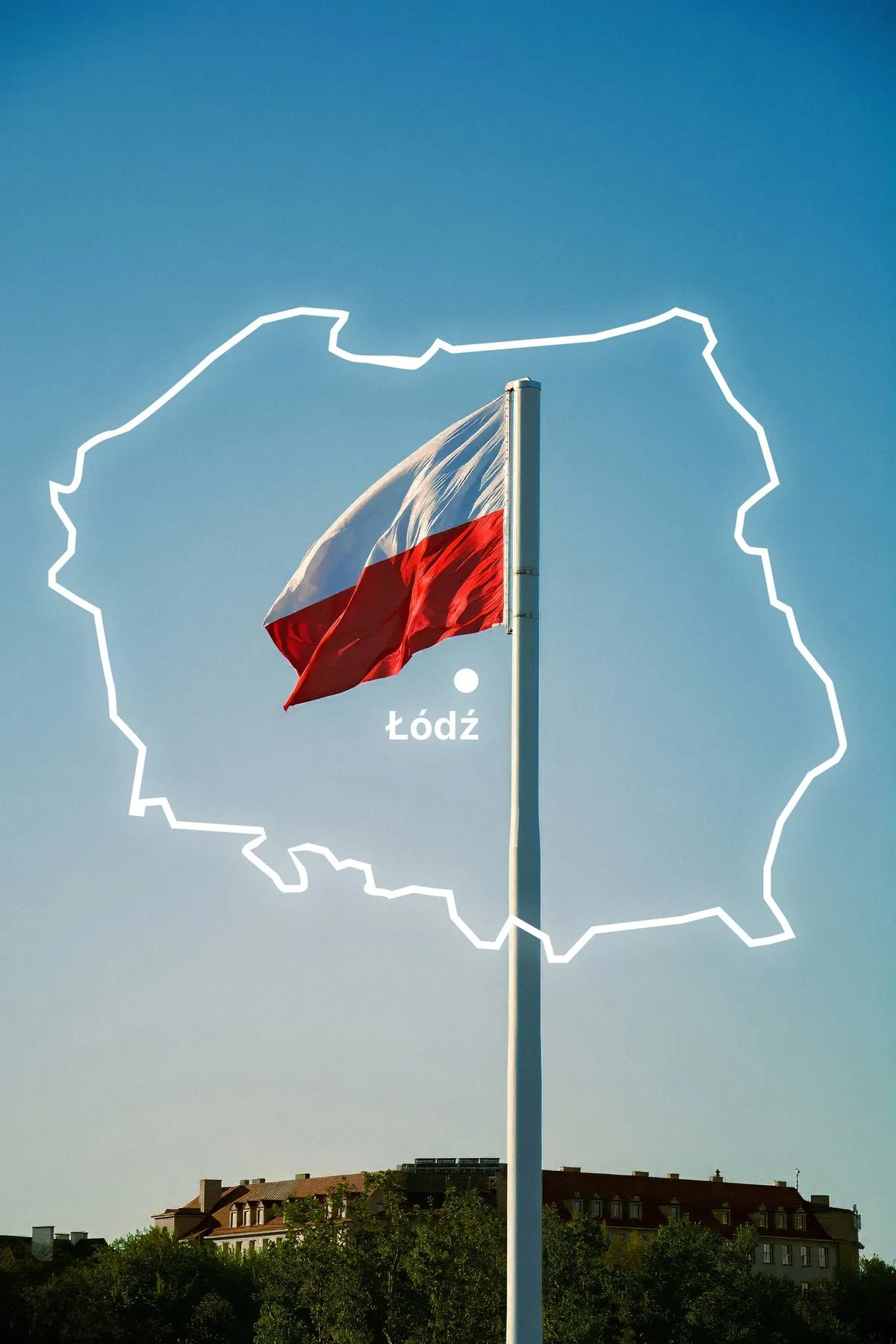 Flaga Polski i mapa Polski z zaznaczoną Łodzią